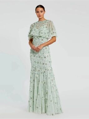 Mac Duggal 93653 Green Embellished Illusion Cape Sleeve Trumpet Gown Size 8 NWT